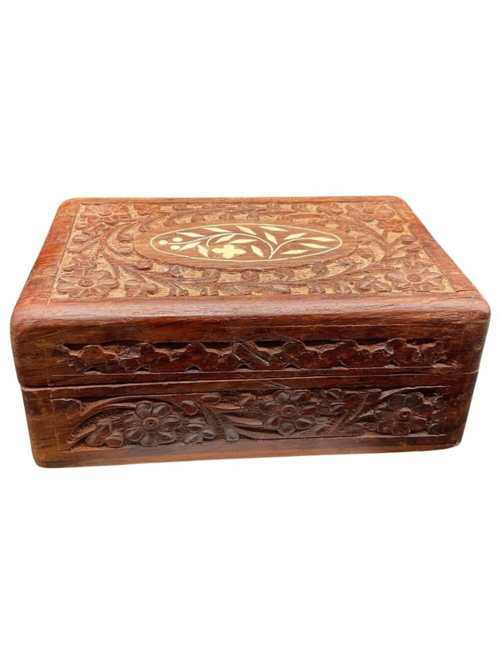 HandCarved Wooden Jewelry Box Floral Inlay Hinged Lid Line Blue Felt 6 x 4 x 2.5